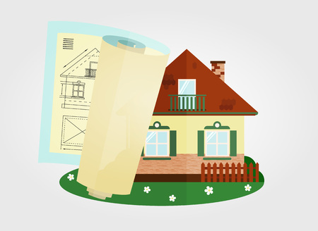 cartoon vector color illustration of a house and its design project on a paper scrollのイラスト素材