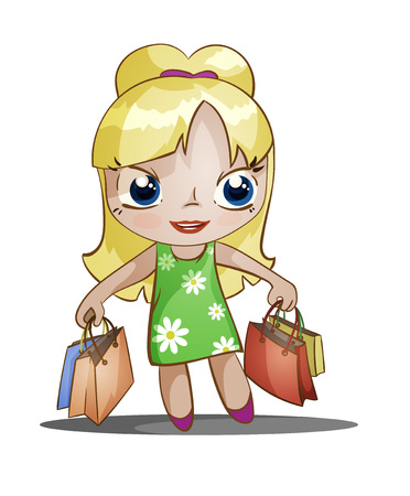 cute chibi girl with shopping packets of purchases, color vector illustrationのイラスト素材