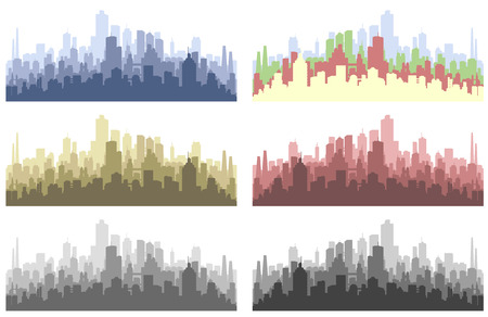 a set of six various colored abstract city silhouettes, four-layered isolated cityscapesのイラスト素材