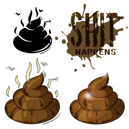 color cartoon illustration - a piece of shit with scent and flyes, also its silhouette and text shit happensのイラスト素材