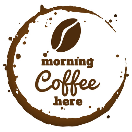 Morning coffee here - vector banner with stylized cup stain and coffee bean. Isolated on transparent background.のイラスト素材