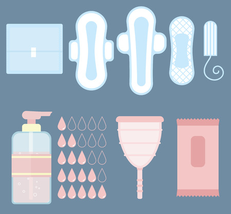 Feminine personal hygiene (sanitary napkin, tampon, menstrual cup, panties, liquid soap and droplets icons) flat vector items setのイラスト素材