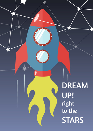 inspirational poster, banner or greeting card (aspect ratio 5:7) with a rocket in the space and phrase - Dream up! Right to the stars - vector illustration, flat styledのイラスト素材