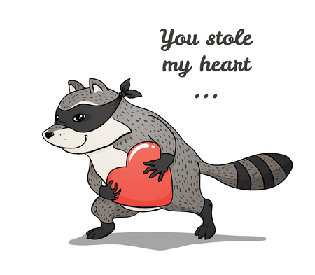 Raccoon thief with a stolen heart, color hand-drawn illustration, isolated on white backgroundのイラスト素材