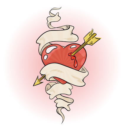 heart with ribbon around it and pierced by an arrow, tattoo styled colored vector illustrationのイラスト素材