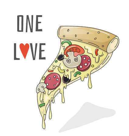 Cartoon hand-drawn pizza slice with salami, mushrooms and dripping cheese and inscription One Love. Color vector isolated illustration.のイラスト素材