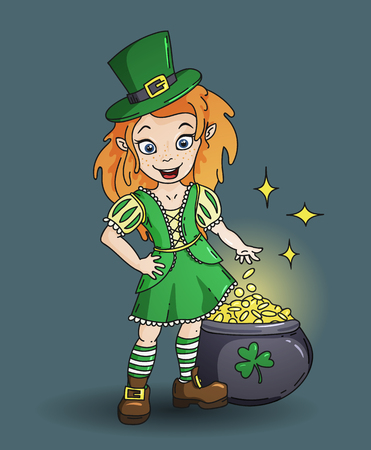 Cute cartoon irish leprechaun girl with the pot full of golden coins. Color vector illustration for St. Patricks Dayのイラスト素材