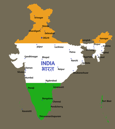 Vector flat styled map of India and its capitals of states and union territoriesのイラスト素材