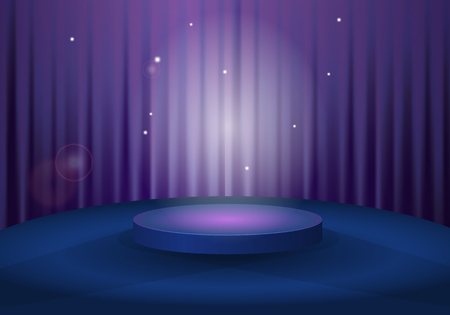 Round pedestal with soft backlight and light sparkles around and curtains on the background, vector illustration in violet color tonesのイラスト素材