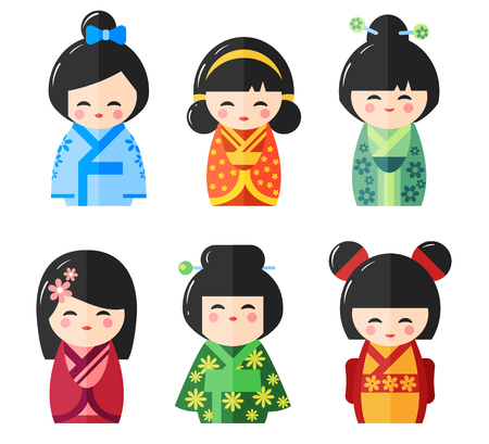 Japanese Kokeshi Dolls, vector iconsのイラスト素材
