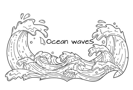 Hand drawn cartoon ocean waves with drops and splashes, outline vector illustrationのイラスト素材