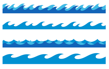 stylized cartoon ocean waves, hand drawn endless borders, isolated vector illustrationのイラスト素材