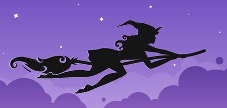 Vector silhouette of a rapid witch flying on a broomstickのイラスト素材