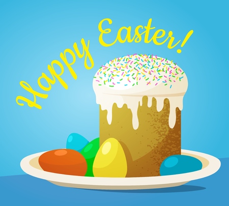 A plate with an Easter cake and painted eggs, vector illustration