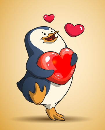 Cute penguin is walking holding a heart in his wingsのイラスト素材