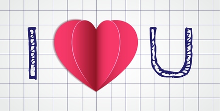 heart shape in a paper cut style with a shadows lays on a sheet of a copybookのイラスト素材