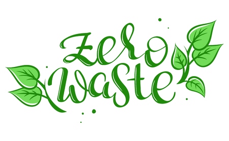 Zero Waste - handwritten vector lettering words with green eco leaves. Ecology concept, recycle, reuse, reduce vegan lifestyle, waste managementのイラスト素材