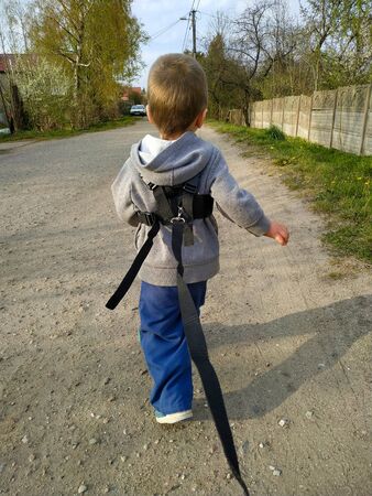 2 year old toddler baby boy tethered on a leash runs on the wayの写真素材