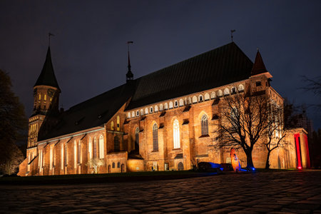 Brick Gothic style Cathedral at night, side view.の写真素材