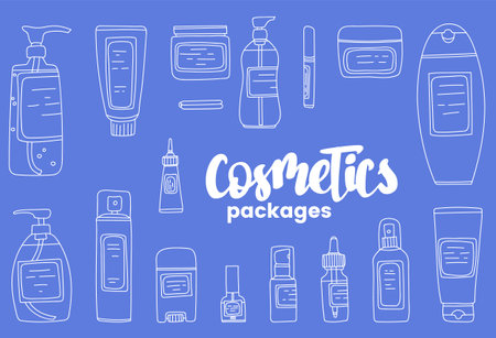Hand drawn illustration set with containers for various cosmeticsのイラスト素材