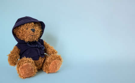 The soft toy bear sits on a blue backgroundの写真素材