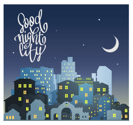 Evening city in a flat style, silhouettes of houses with light in the windowsのイラスト素材