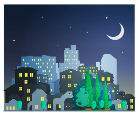 Evening city in a flat style, silhouettes of houses and a trees in a city parkのイラスト素材