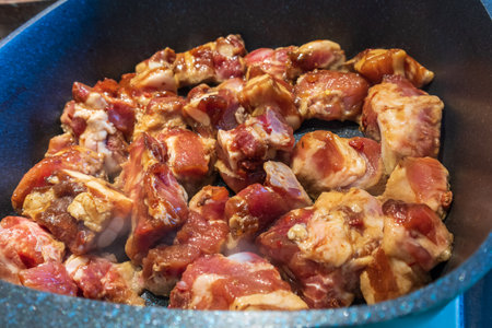 Close-up of tasty pork is fried in a frying panの写真素材