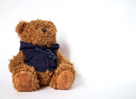 The soft toy bear sits on a white backgroundの写真素材