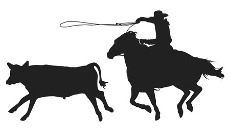 cowboy on horseback throws a lasso at a steerのイラスト素材