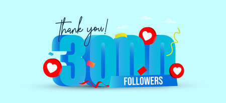 Thank you 300 followers card with blue background. Vector Illustration. 3000 Subscribers.3k followers thank you, celebration banner with heart icons, confettiのイラスト素材