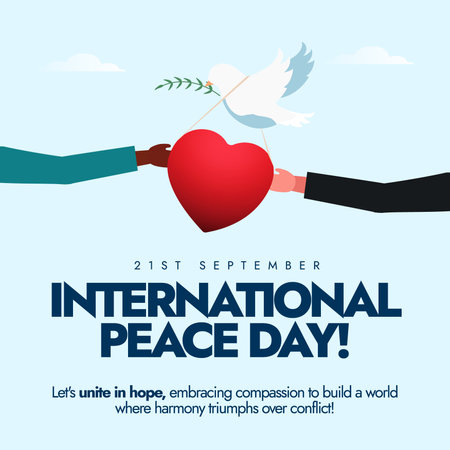 International Peace Day banner with hands holding heart and dove. Vector illustration.のイラスト素材