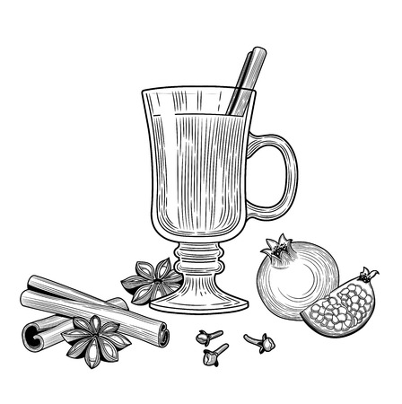 Mulled wine. Winter drink. Christmas. The individual ingredients. Starlet anise, cinnamon sticks, pomegranate, wine, cloves. Black and white outline.のイラスト素材