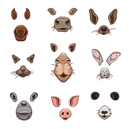 A set of animal face elements. The design of the ear and nose. Mask horse, cow, dog, cat, camel, hare, monkey, pig, Panda. Vector illustration. Isolated images on white background.のイラスト素材