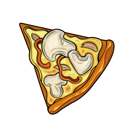 Slice of pizza. Mushrooms, chicken, pepper, cheese. Illustration. Isolated images on white background. Vintage style.のイラスト素材