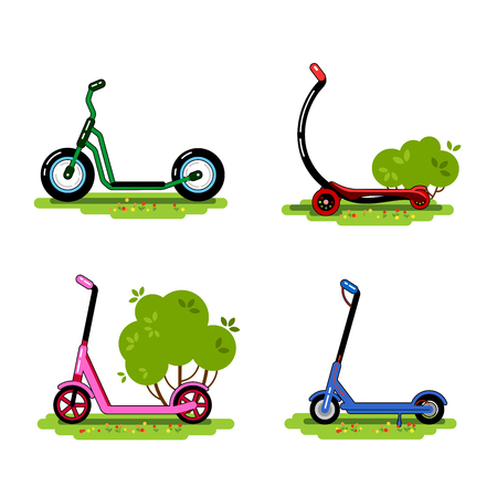 Set of scooters. Balance bikes. ECO alternative urban transport. Vector illustration. Isolated images on white background.のイラスト素材