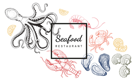 Seafood. Oyster, sea scallop, crab, shrimp, lobster, Octopus. Vector illustration. Vintage style. Templates for design sea shops, restaurants, markets.のイラスト素材