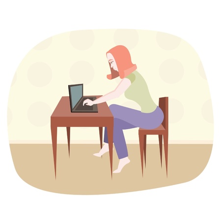 The girl sits at the computer. のイラスト素材