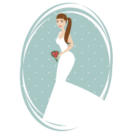 Beautiful bride with a bouquet on blue backgroundのイラスト素材