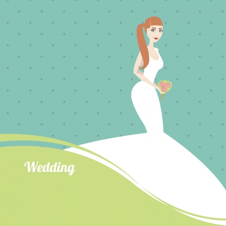 Beautiful bride with a bouquet on blue backgroundのイラスト素材
