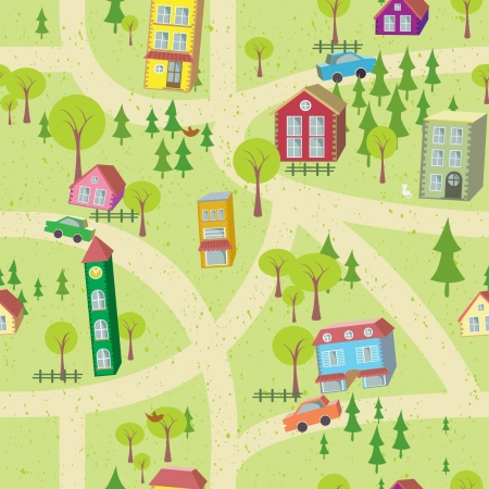 Cartoon map seamless pattern with houses and roadsのイラスト素材