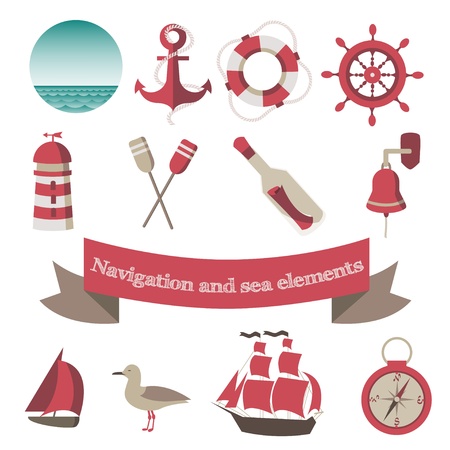 navigation and sea icons and elements with an anchor, the ships, a lifebuoyのイラスト素材
