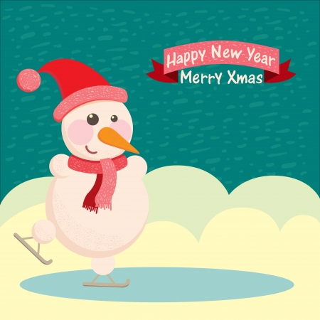 snowman in a hat and ice skatingのイラスト素材