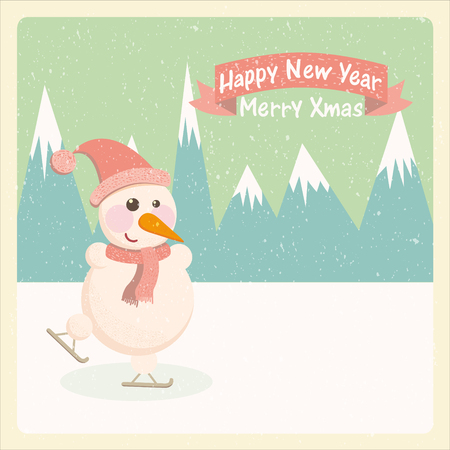 Vintage vector illustration of a snowman in the mountainsのイラスト素材