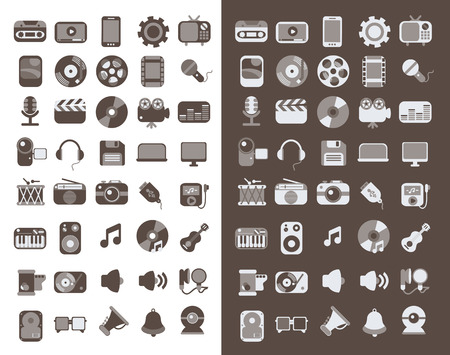 Modern flat icons vector illustration collection of multimedia symbols, sound instruments, audio and video items and objects  Isolated on white background のイラスト素材