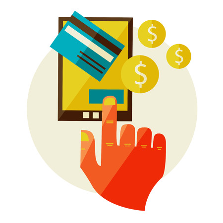 Flat design illustration in  modern stylish processing of mobile payments concept of hand touch screen, vector eps 10  Online purchase on digital tablet のイラスト素材