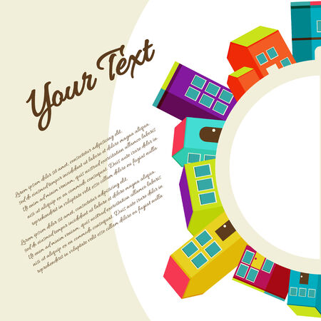 town concept background. Flat illustration with colorful houses.のイラスト素材