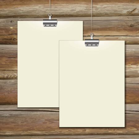Vector template of a paper sheet, poster, picture frame, on wooden background, vector illustration のイラスト素材