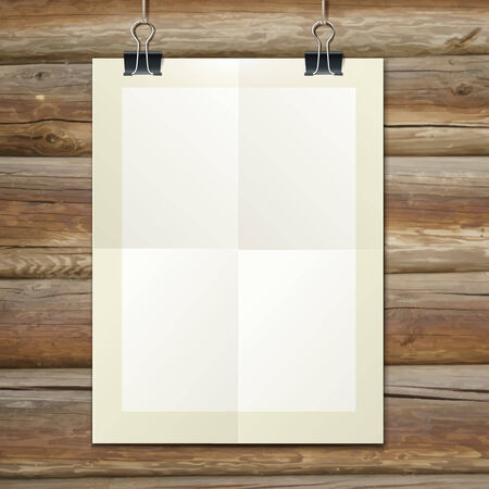 Vector template of a paper sheet, poster, picture frame, on wooden background, vector illustration のイラスト素材