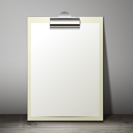 Blank white paper sheet in a clipboard of standing on the table, vector illustration for your imageのイラスト素材
